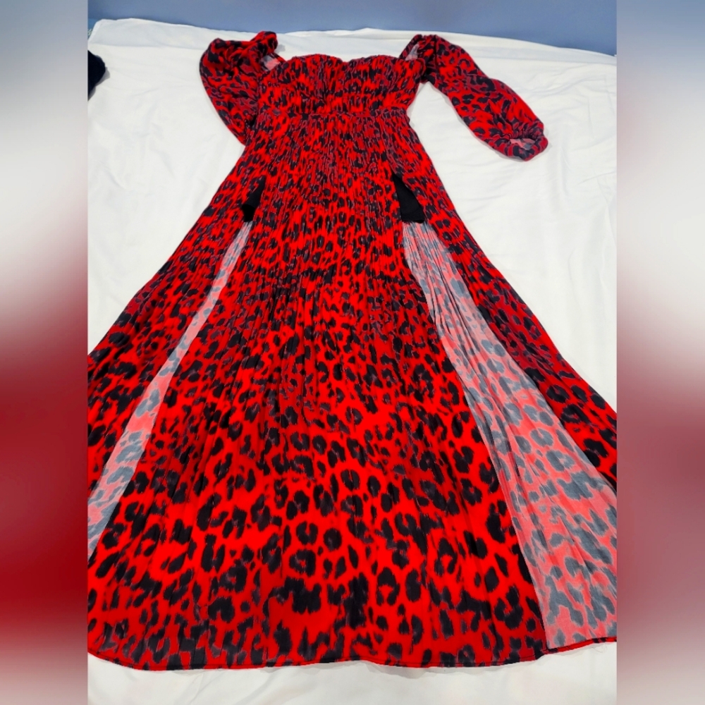 NWT bebe maxi dress in red animal print with slits on both legs and shorts below